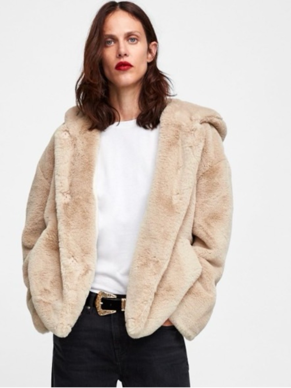 Zara Plush Hooded Faux-Fur Jacket in Beige